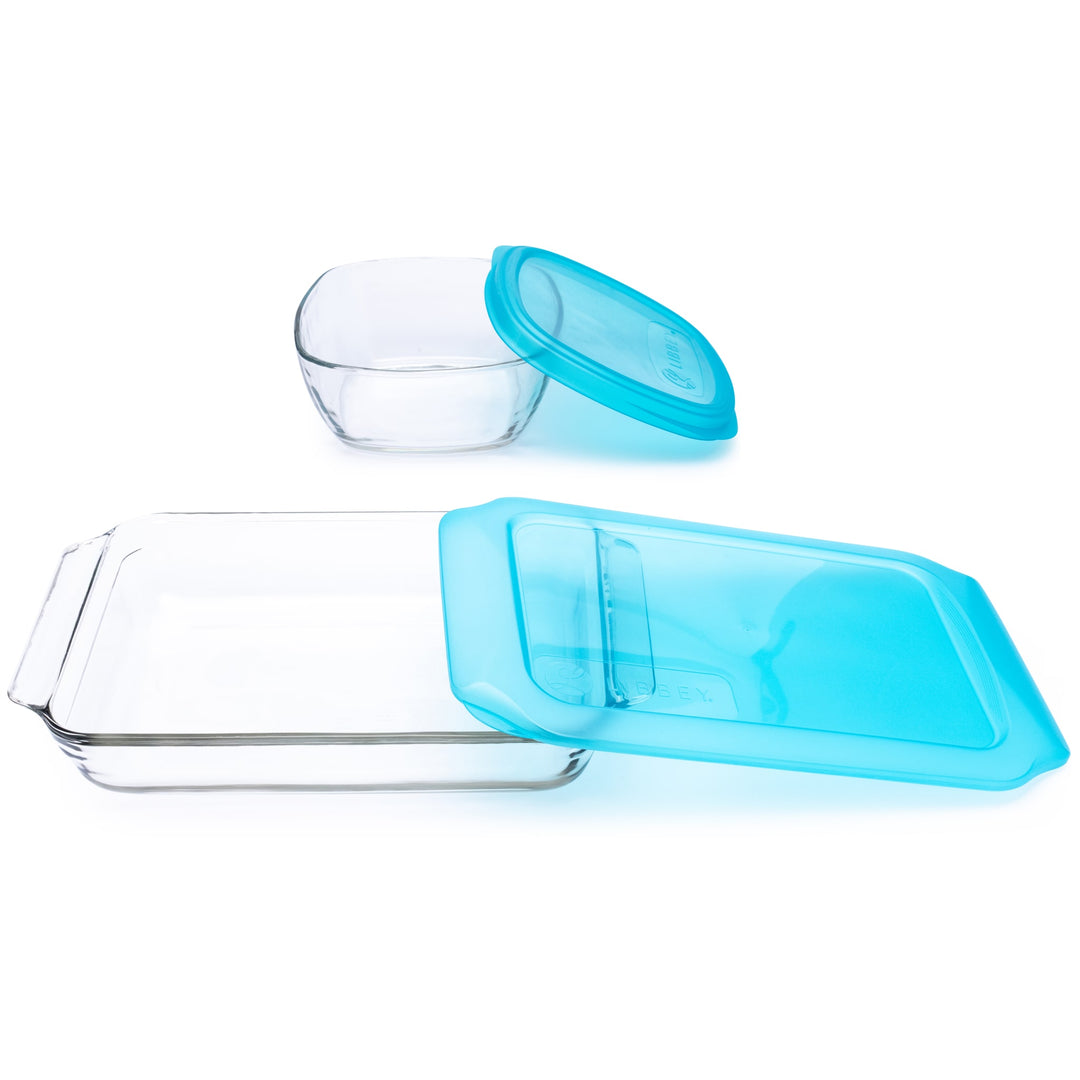Libbey Baker’s Premium Bake & Store 4 Piece Glass Set with 9x13 Baking Dish and 6 Cup Storage Container with Blue Plastic Lids