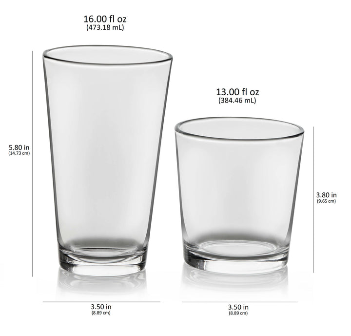 Includes 8, 16-ounce cooler glasses and 8, 13-ounce rocks glasses
