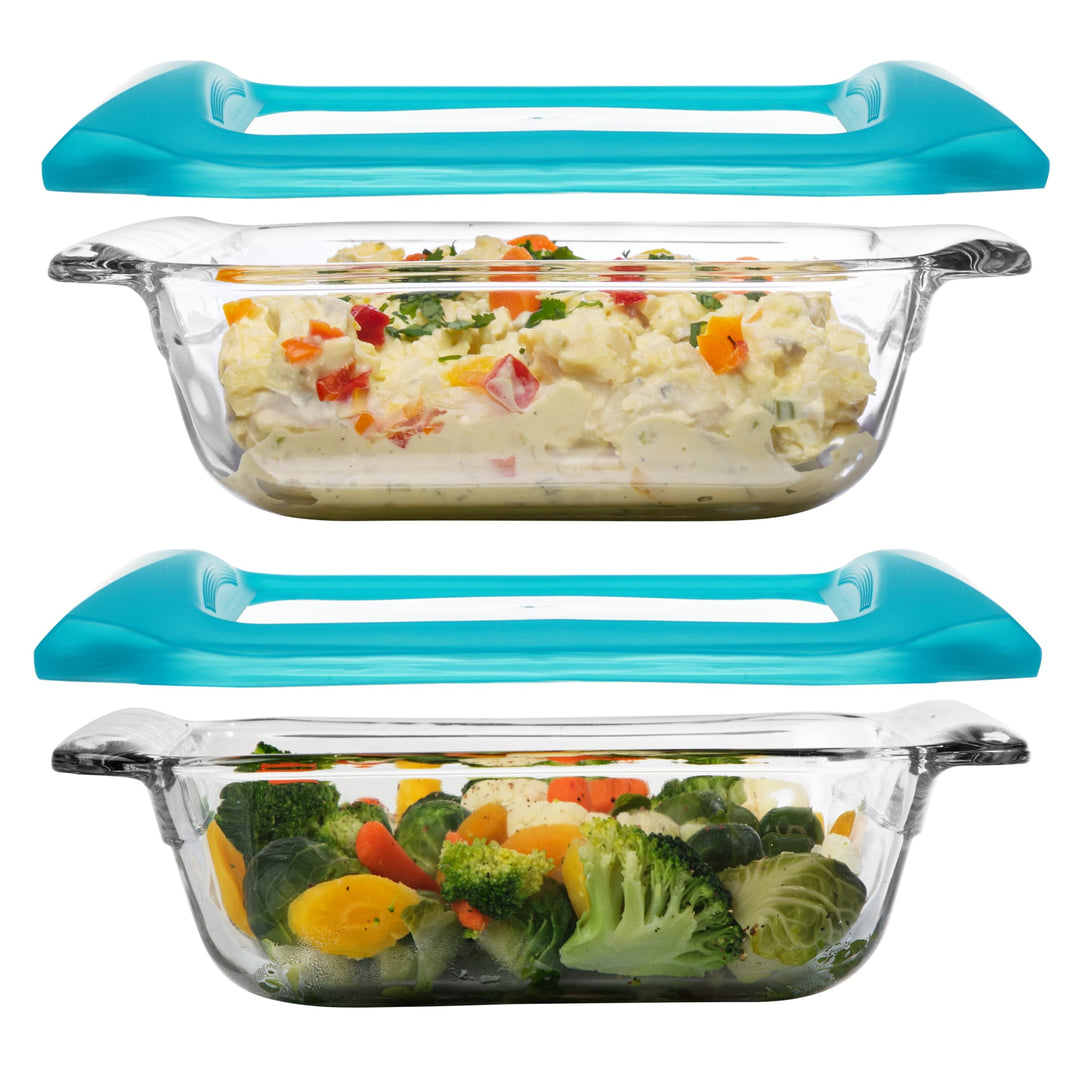 Includes two 8x8-inch clear glass baking dishes, each with its own fitted plastic lid for storage and transport.