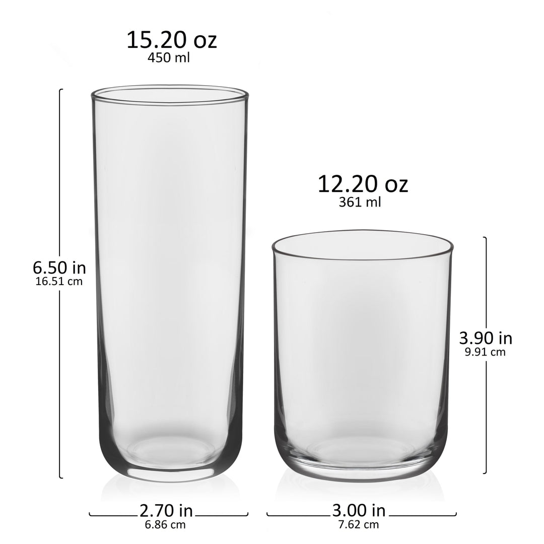 Includes 8, 15.2-ounce tumblers (2.7-inch max diameter by 6.5 inches high) and 8, 12.2-ounce rocks glasses (3-inch max diameter by 3.9 inches high)