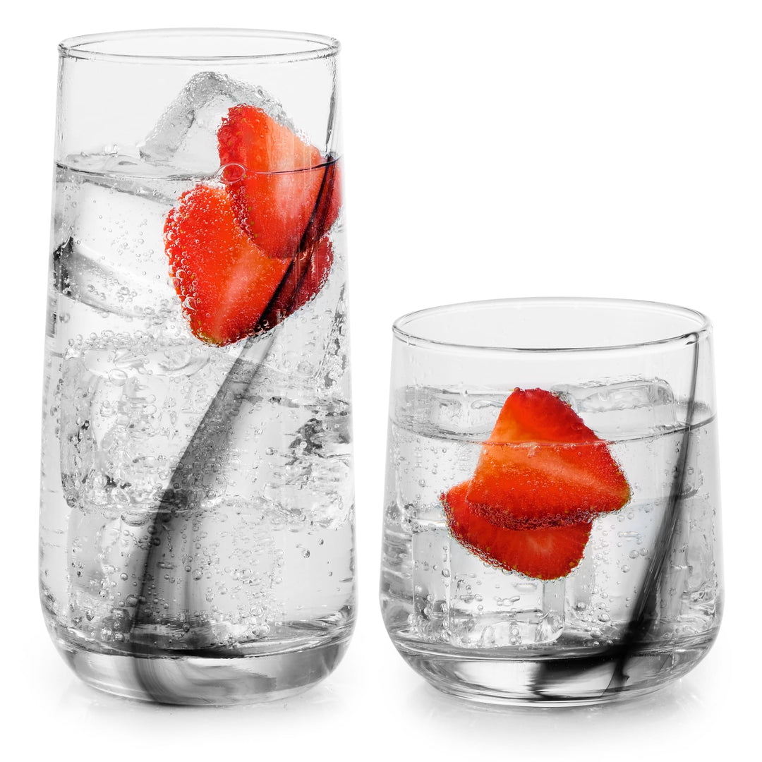 Complete 16-Piece Set: Includes eight 16-ounce cooler glasses and eight 13.3-ounce double old fashioned glasses for water, cocktails, or everyday beverages.