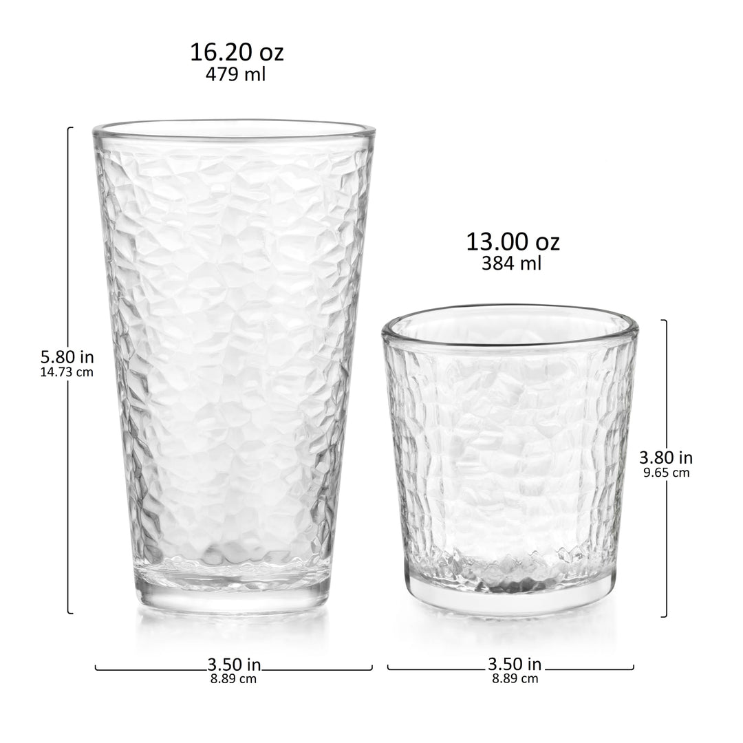 Includes 8, 16.2-ounce cooler/tumbler glasses and 8, 13.0-ounce rocks glasses