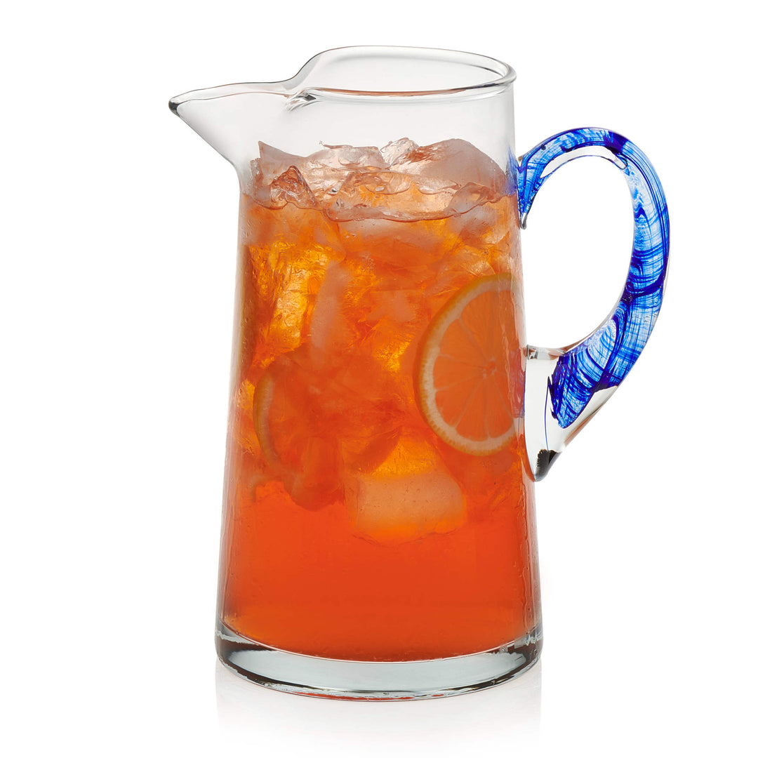 Infused blue streak in the sturdy handle adds a splash of fun to this multifunctional, handcrafted pitcher