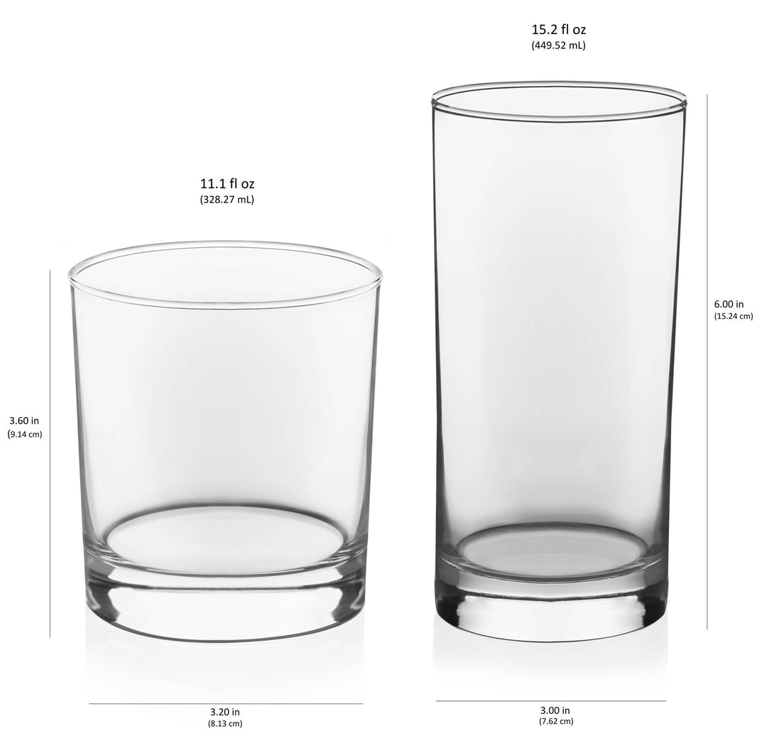 Includes 8, 15.2-ounce drinking glasses and 8, 11.1-ounce rocks glasses