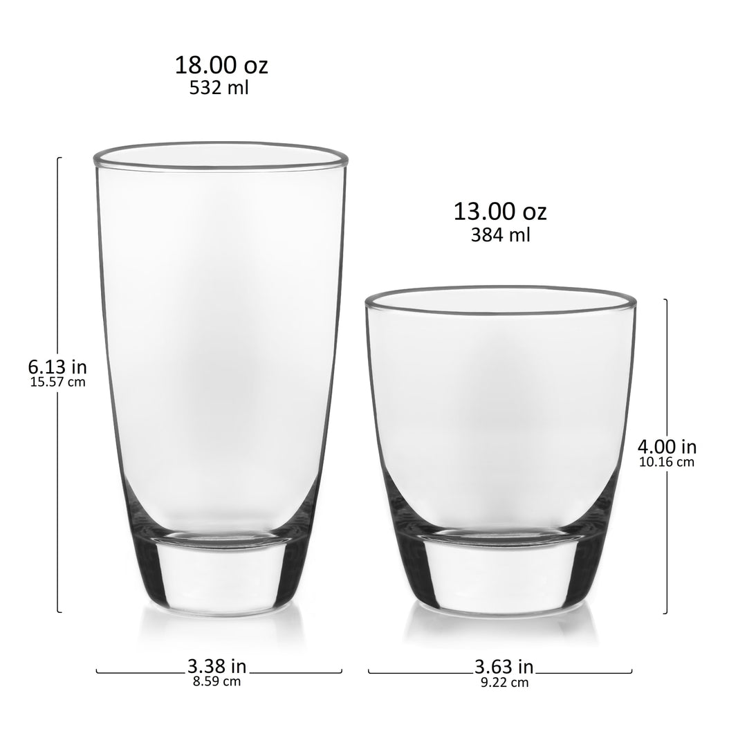 Includes 8, 13-ounce clear double old fashioned rocks glasses and 8, 18-ounce clear cooler glasses