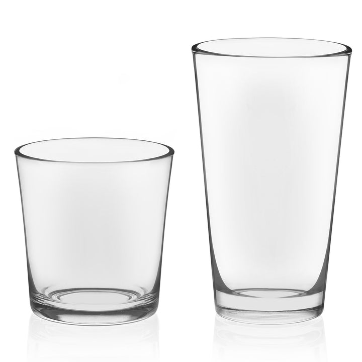 Includes 8, 16-ounce tumbler glasses (3.5-inch max diameter by 5.8 inches high) and 8, 13-ounce rocks glasses (3.5-inch max diameter by 3.8 inches high)