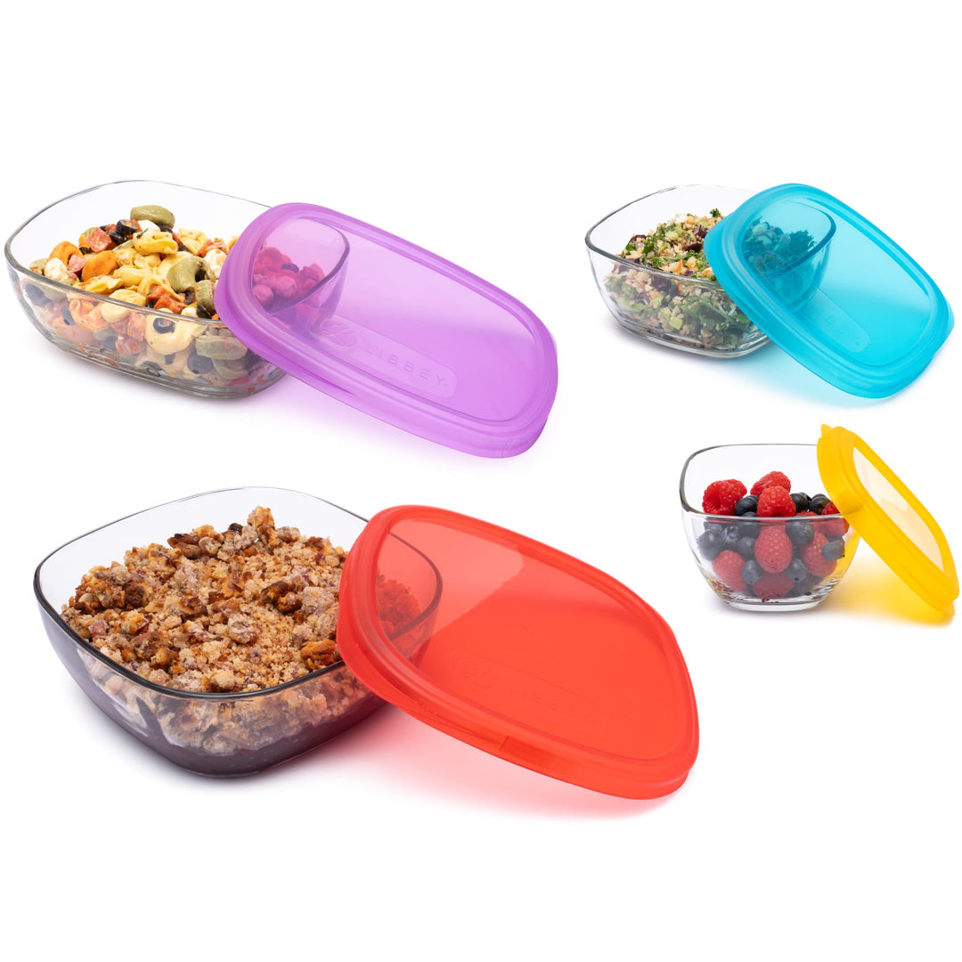Includes one 2-cup bowl with yellow lid, one 6-cup bowl with blue lid, one 8-cup bowl with purple lid, and one 12.5-cup bowl with red lid.