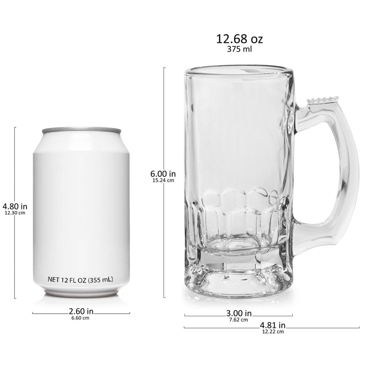 Includes 4, 12.68-ounce beer mugs (4.81-inch diameter by 6-inches tall)