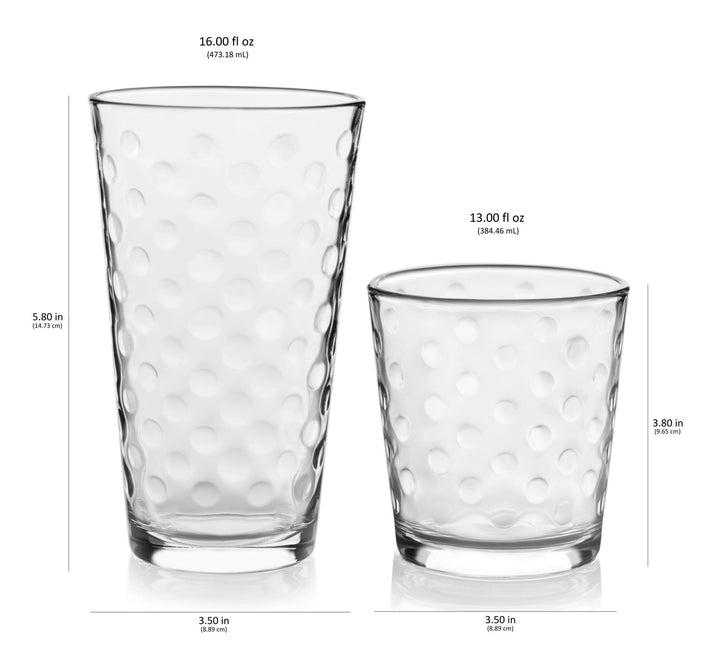 Includes 8, 16-ounce cooler glasses (3.5-inch diameter x 5.8-inch height) and 8, 13-ounce double rocks glasses (3.5-inch diameter x 3.8-inch height)