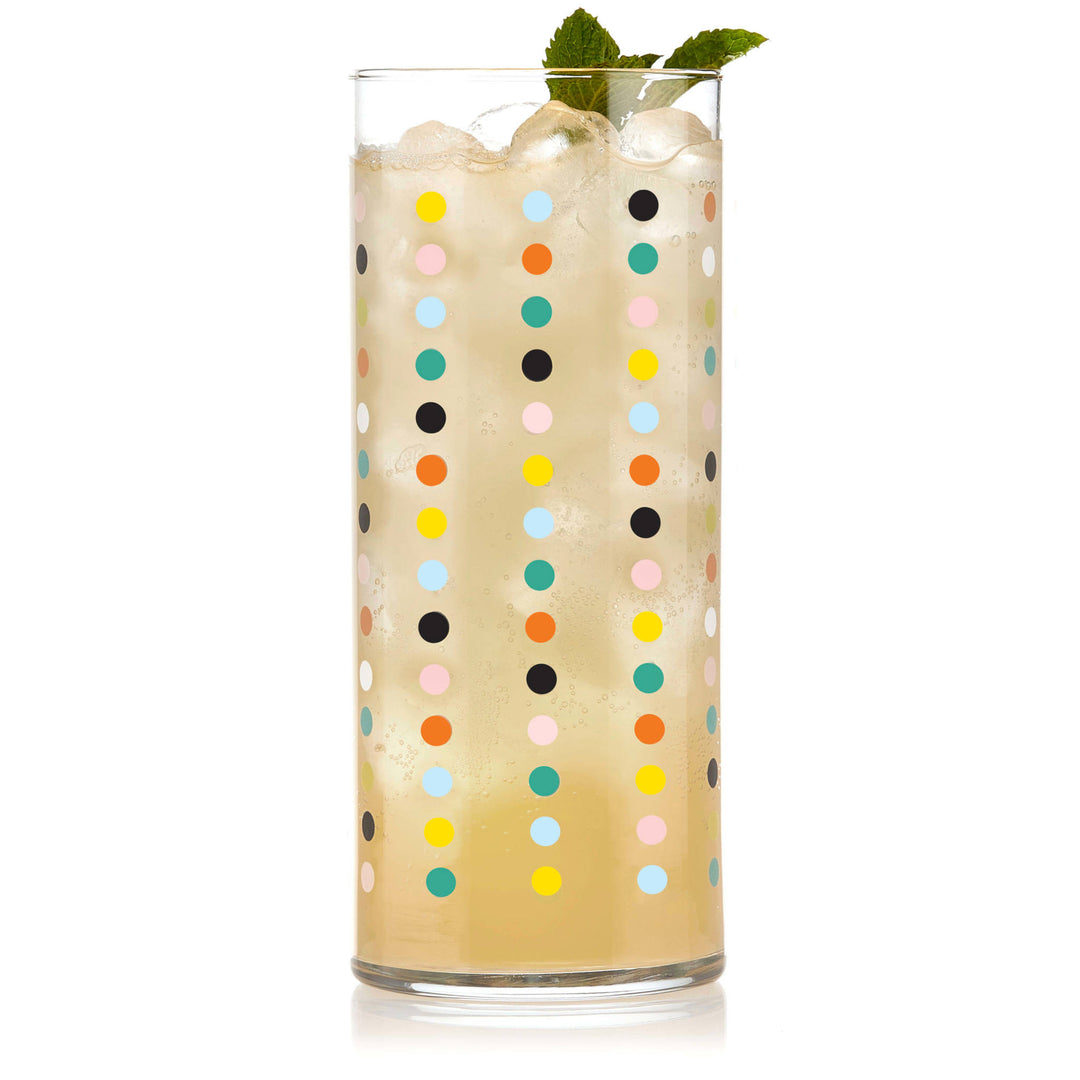 Tall drinking glass with allover vintage-inspired polka dot design