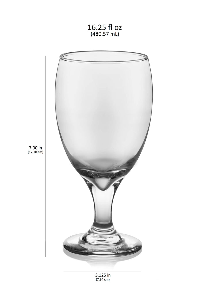 Includes 12, 16.25-ounce goblet glasses (3.125-inch diameter by 7-inch height)