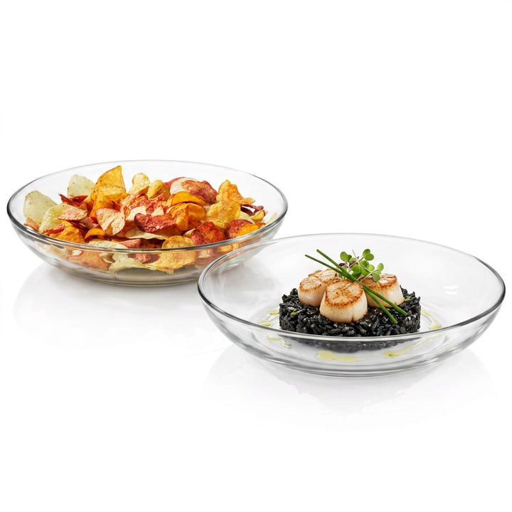 Set includes two large 12-inch wide and 2.5-inch tall coupe-style serving bowls perfect for salads, pastas, snacks, fruits, and shared dishes.