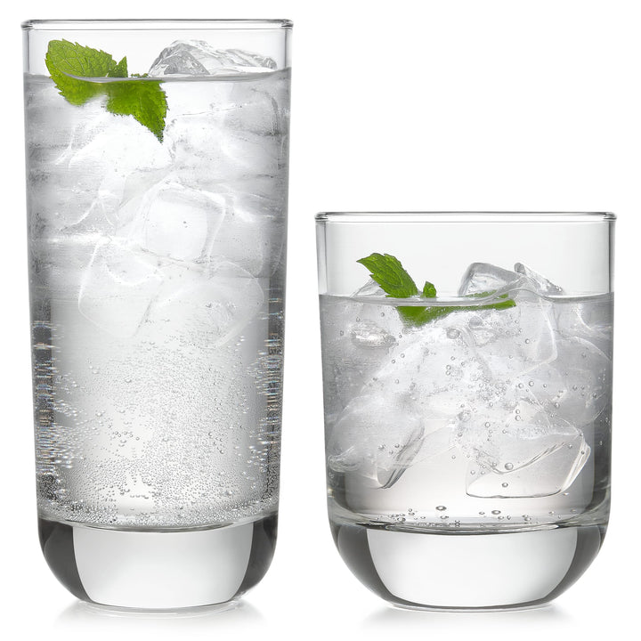 Sophisticated and versatile 16-piece drinkware set perfect for styling a wide range of cocktails -- eight 16.25-ounce drinking glasses and eight 12.25-ounce rocks glasses
