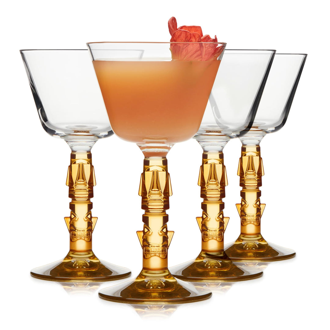 Vintage-style tiki mai tai wine glasses with amber colored stem add a touch of elegance to your next summer celebration or tropical party