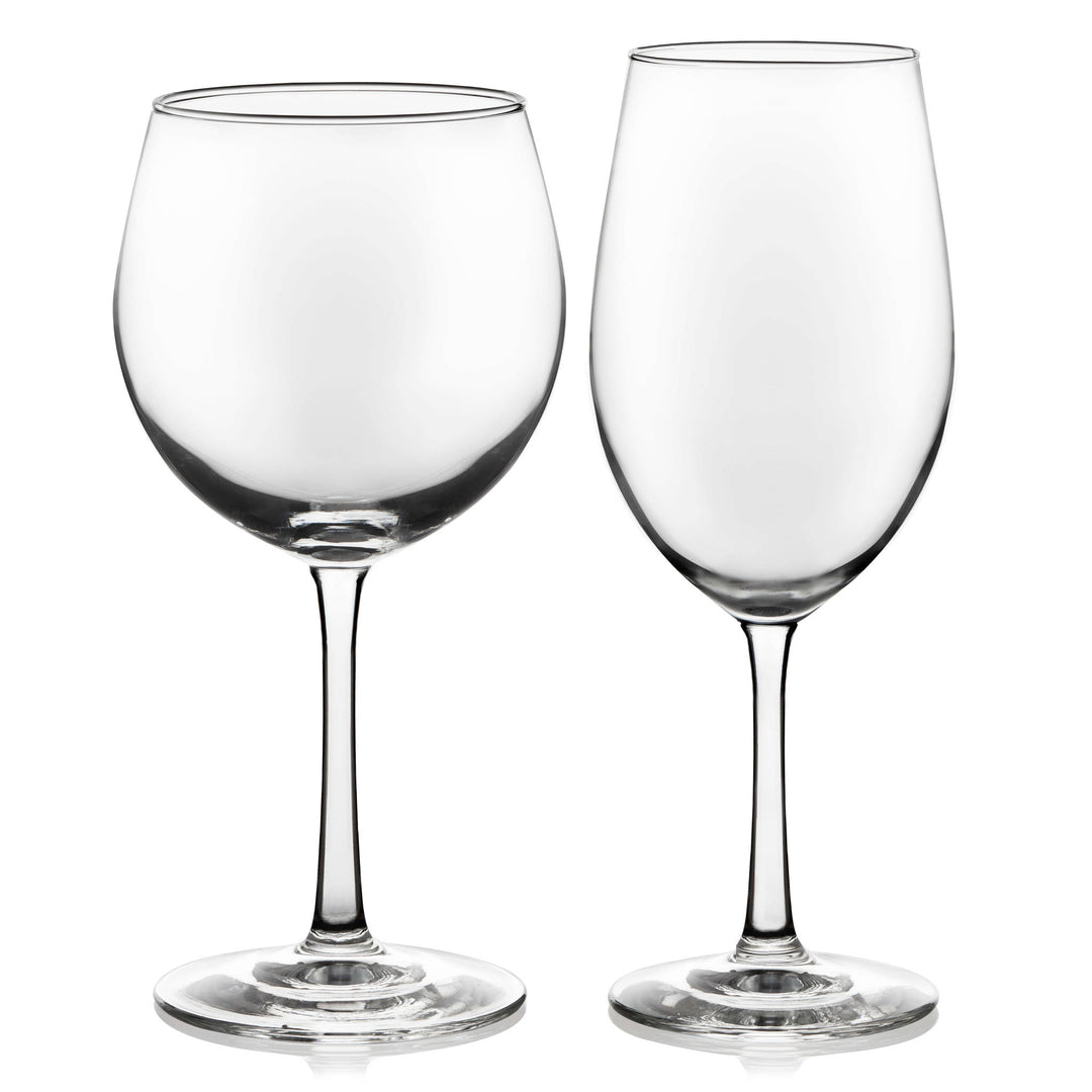 Includes 6, 19.7-ounce Merlot Bordeaux wine glasses (4.1-inch max diameter by 8.2 inches high) and 6, 18-ounce Chardonnay Chablis wine glasses (3.5-inch max diameter by 8.9 inches high)
