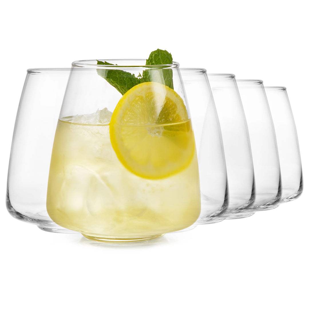 MODERN DESIGN: Elevate your wine or cocktail drinking experience with Libbey Tapered Stemless All Purpose Wine Glasses. An exquisitely designed set of 6 stemless wine glasses, crafted with a tapered modern design element while maintaining functionality with space saving stackable features