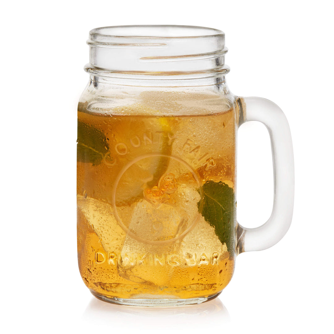 Versatile set of classic drinking jar mugs with handles and embossed decorations — includes twelve 16.5-ounce mugs