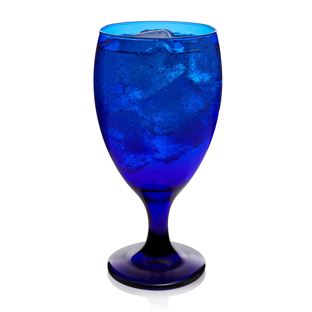 Stylish set of large goblets with vibrant blue glass color that bring an oceanside vibe to parties and everyday use — includes twelve 16.25-ounce glasses