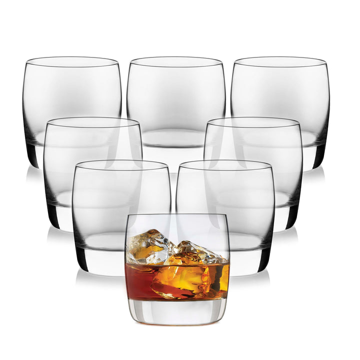 Classy, compact rocks glasses with heavy base and wide rim for all your entertaining needs — eight 12-ounce double old-fashioned rocks glasses