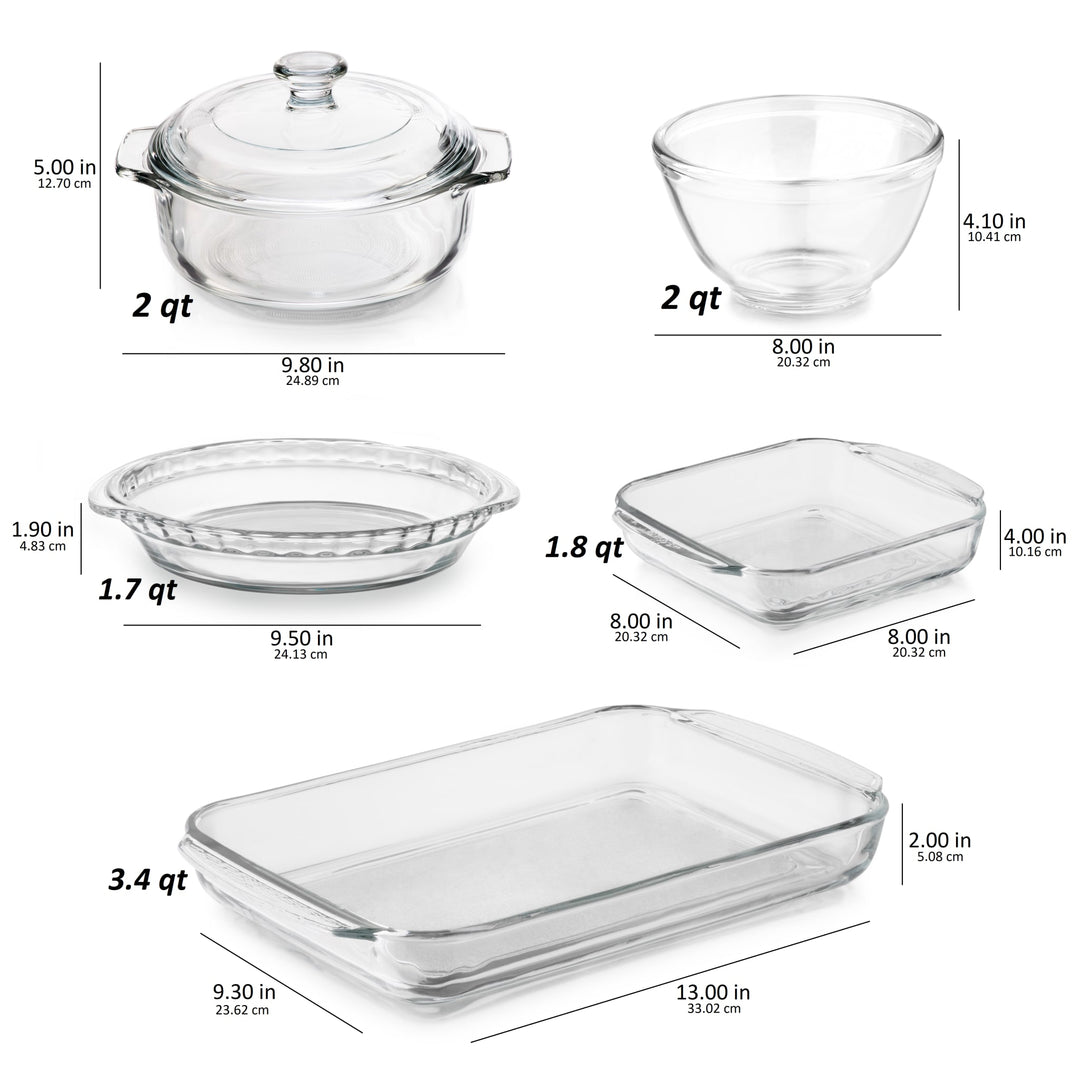 Libbey Baker's Basics 5 Piece Glass Casserole Baking Dish Set with 1 Cover