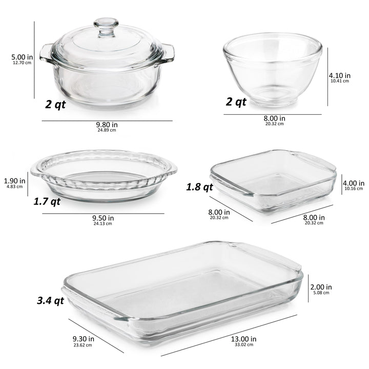 Libbey Baker's Basics 5 Piece Glass Casserole Baking Dish Set with 1 Cover