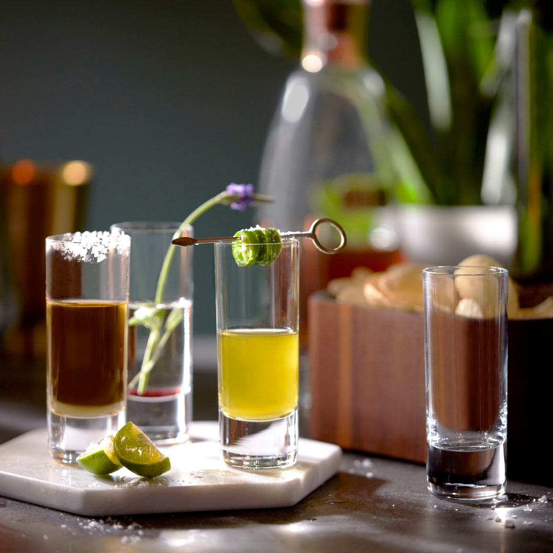 Tall, straight sides perfectly complement your creatively crafted cordials and playful shooters; hefty solid base gives balance and elevates your presentation