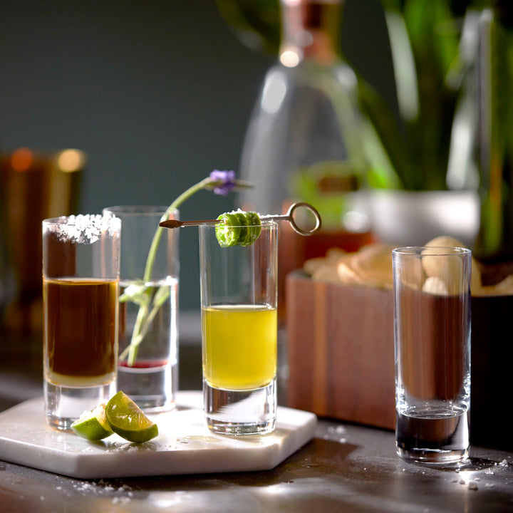 Tall, straight sides perfectly complement your creatively crafted cordials and playful shooters; hefty solid base gives balance and elevates your presentation