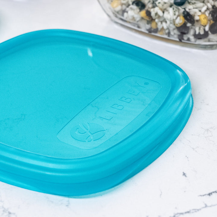 Blue plastic lids fit securely to help lock in freshness for storage or transport.
