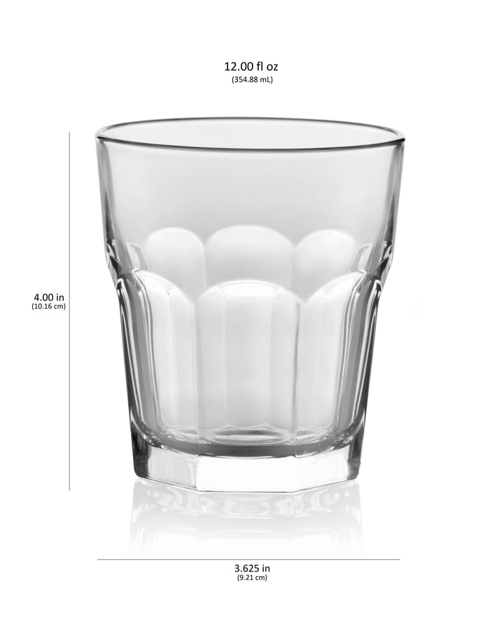 Includes 12, 12-ounce rocks glasses (4-inch height by 3.6-inch diameter)