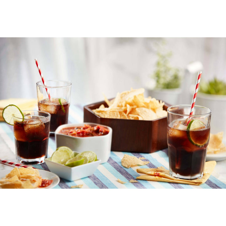 Includes 6, 16-ounce cooler glasses, 6, 12.5-ounce rocks glasses and 6, 9.8-ounce juice glasses
