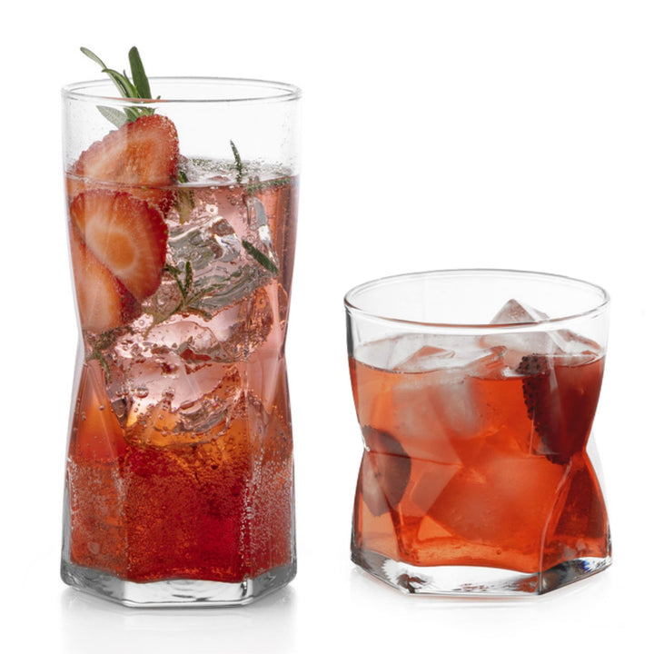 Includes 8, 15.75-ounce cooler glasses (2.94-inch max diameter by 6.06 inches tall) and 8, 12-ounce rocks glasses (3.39-inch max diameter by 3.55 inches tall)