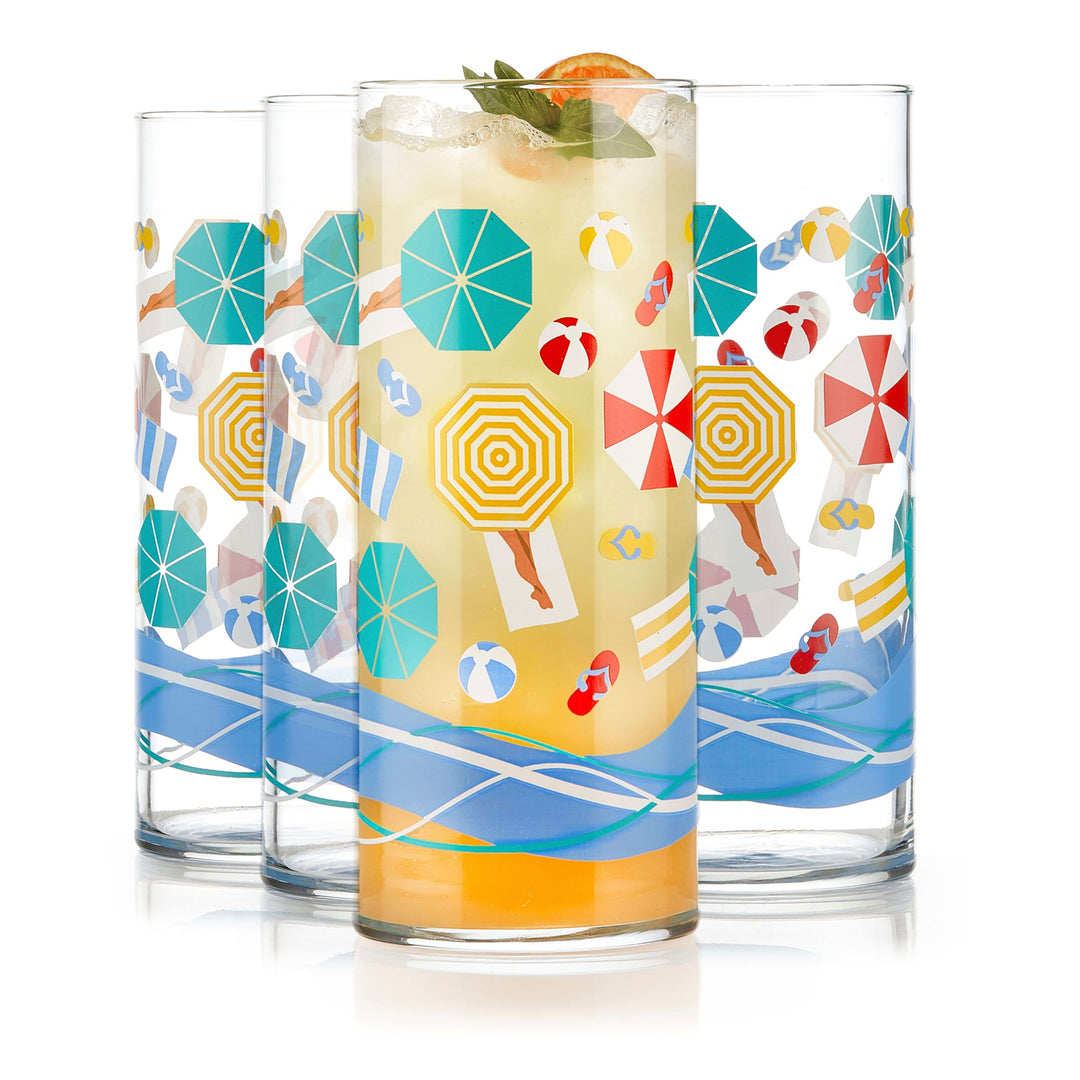 Vintage-inspired glasses with retro beach scene adorned in rich pops of color