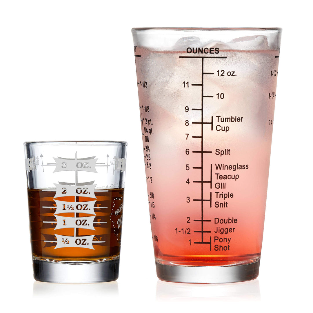 Two-piece measuring glass set printed with measuring lines in ounces and cups to help you mix cocktails at home