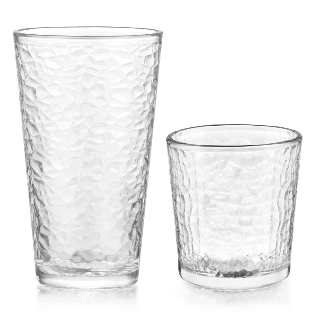 Includes 8, 16.2-ounce cooler/tumbler glasses and 8, 13.0-ounce rocks glasses