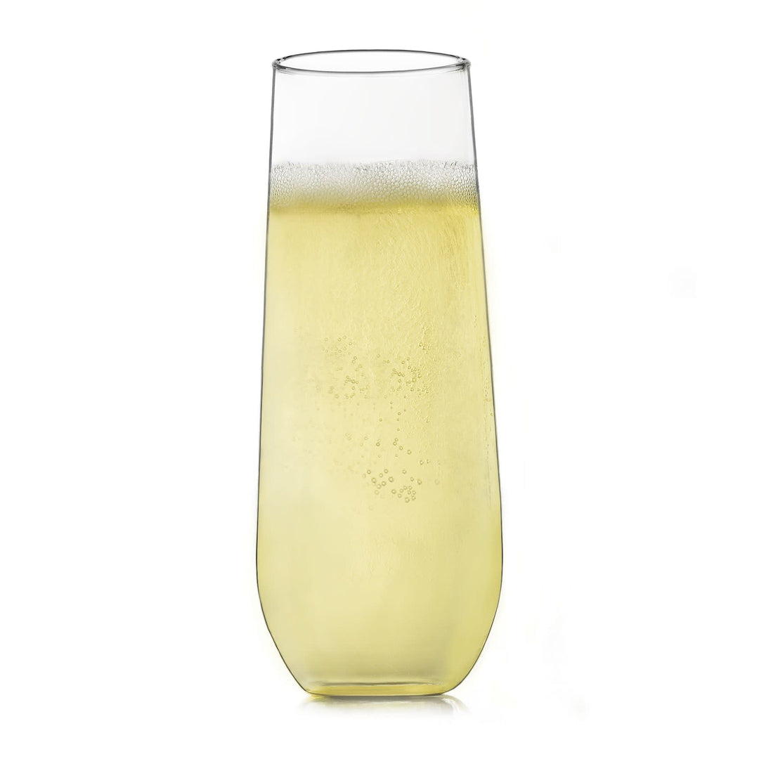 Easy-to-hold, stylish set of stemless champagne glasses for special occasions or everyday use — twelve 8.5-ounce flutes (2.25-inch diameter by 5.75-inch height)