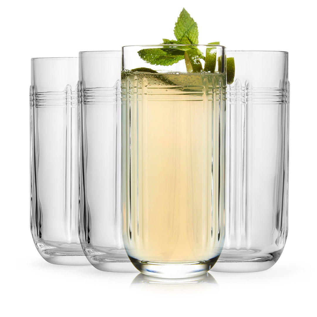 Highball glass inspired by the Art Deco features cut glass look and raised design, elevating mixed drinks, iced tea and soda