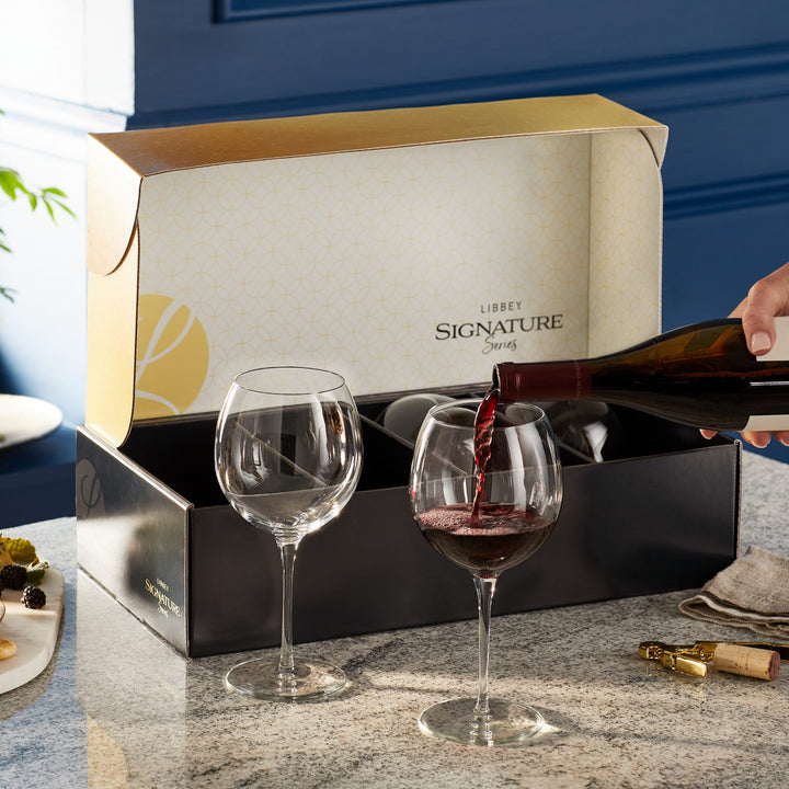 Set includes 4, 24-ounce red wine glasses boxed in beautiful gift packaging