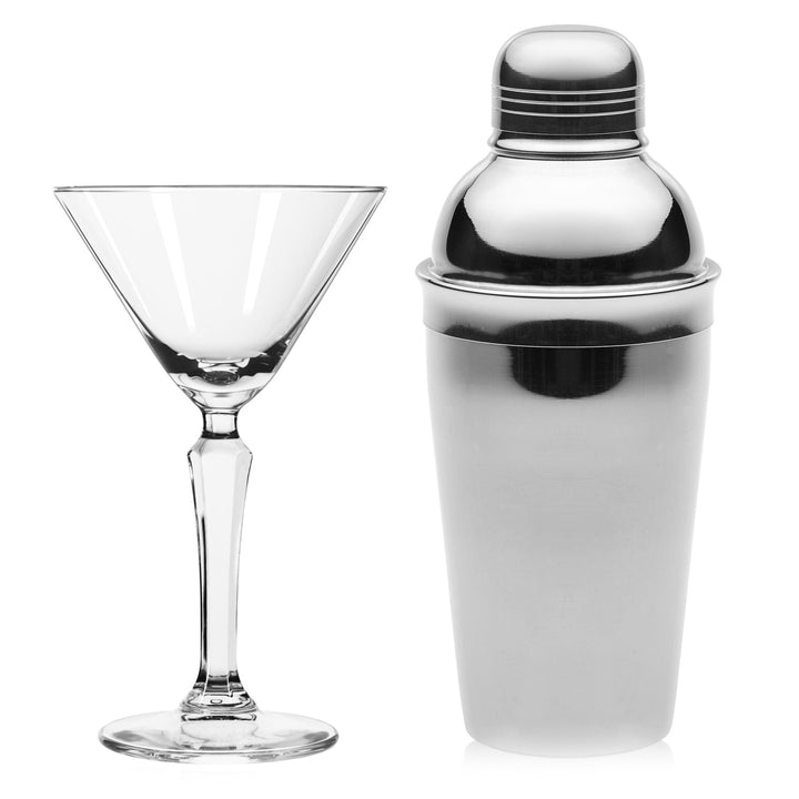 Includes 16-ounce shaker (3.2-inch diameter x 7.9-inch height) and 4, 6.5-ounce martini glasses (3.9-inch diameter x 6.5-inch height)