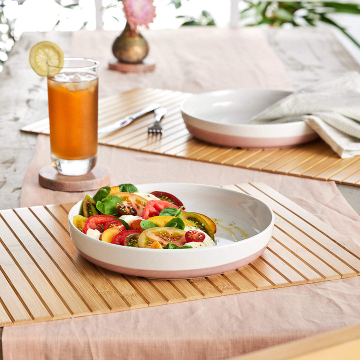 Modern colorblocked ceramic dinnerware with architectural elements