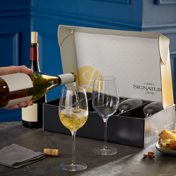 Set includes 4, 16-ounce all-purpose wine glasses boxed in beautiful gift packaging