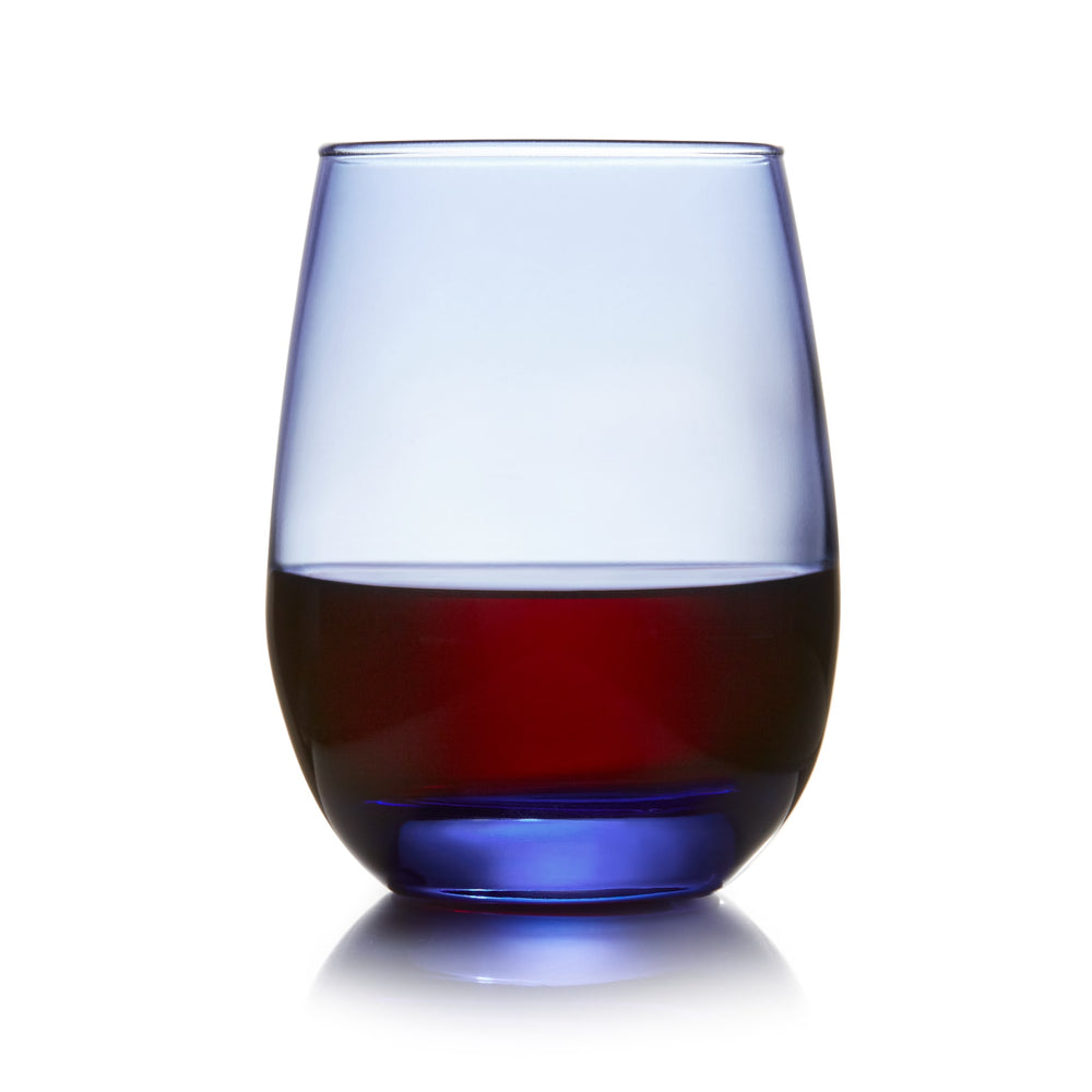 Add color and a higher price point to your wine and water service with these colorful stemless Tidal Blue glasses