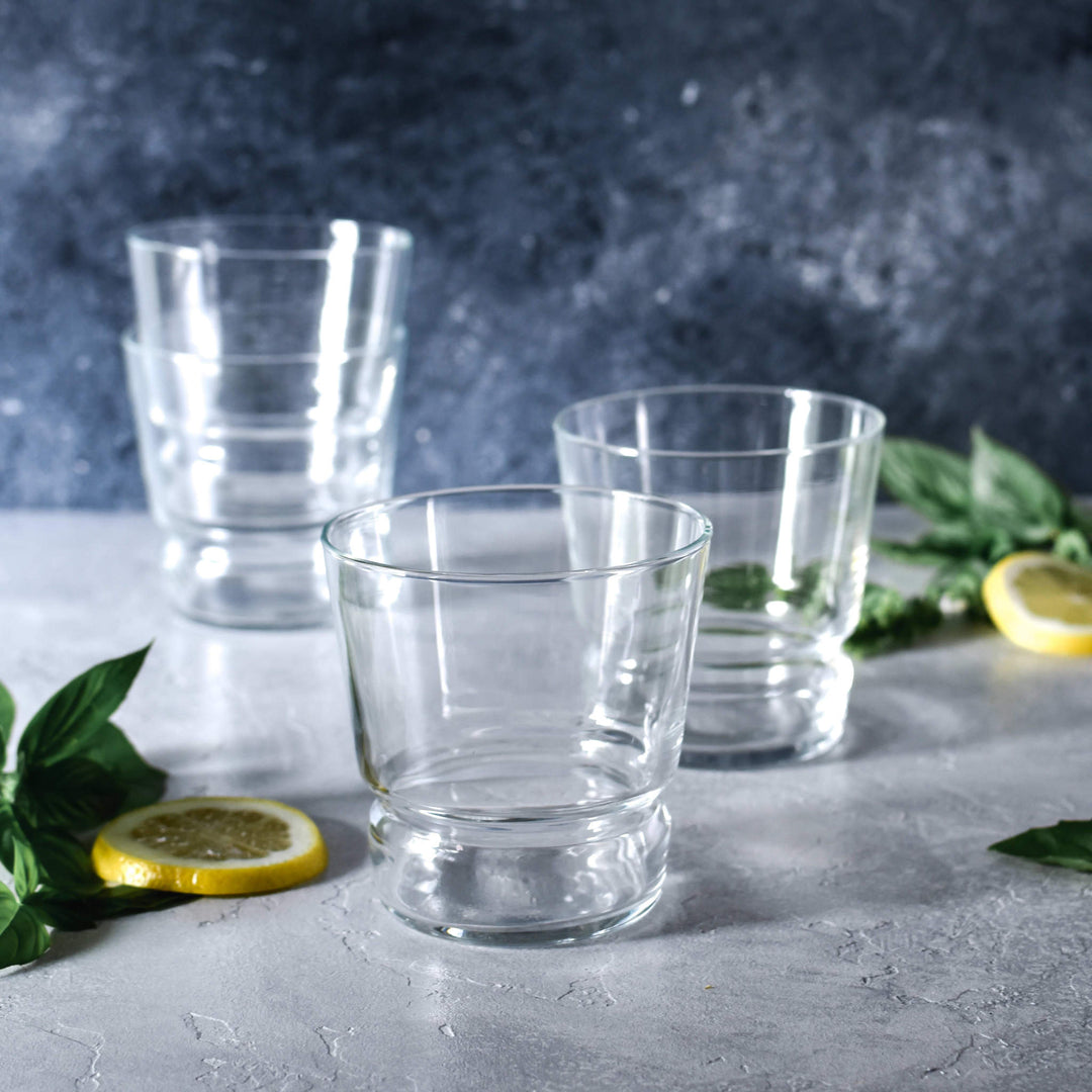 Includes four 12-ounce glasses (3.5-inch diameter x 3.5-inch height)