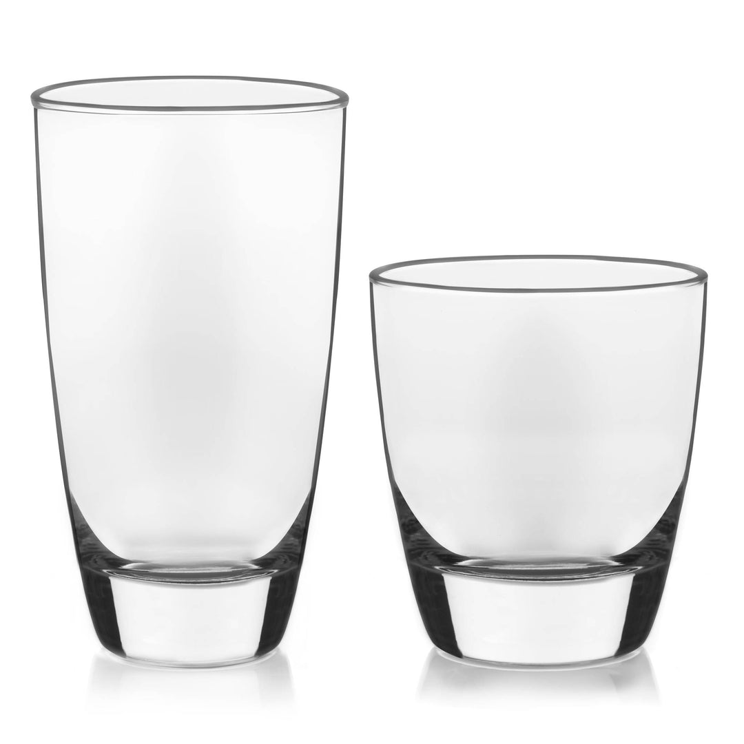 Includes 8, 13-ounce clear double old fashioned rocks glasses and 8, 18-ounce clear cooler glasses