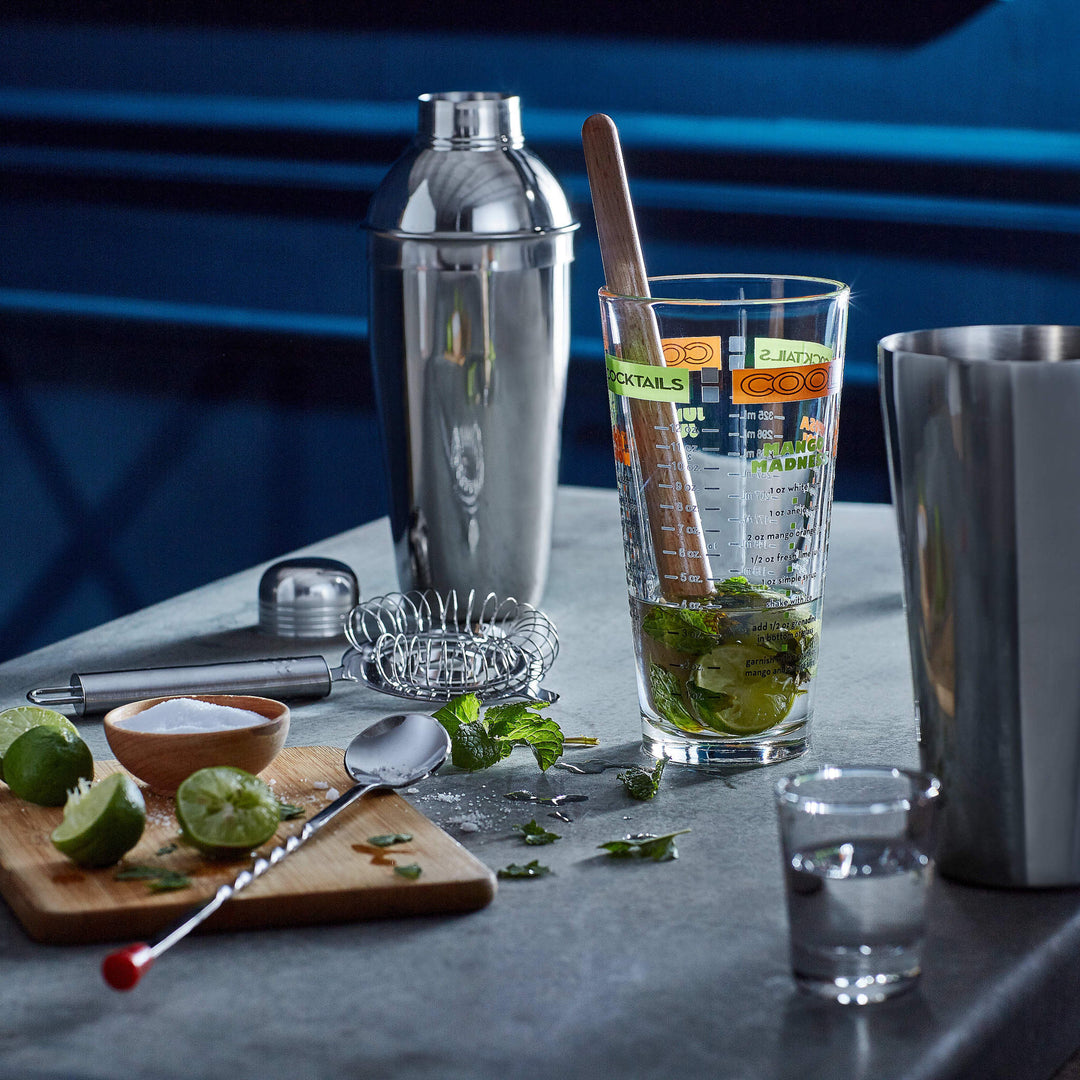 Stainless steel, wooden, and glass components instantly turn your home bar into a high-quality center of attention with a comprehensive 9-piece cocktail set including recipes