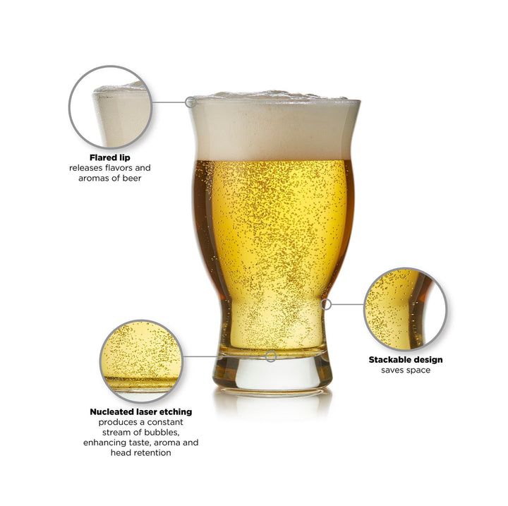 Lead-free set includes four 16.75-ounce nucleated pint beer glasses (3.4-inch diameter by 5.7 inch height)