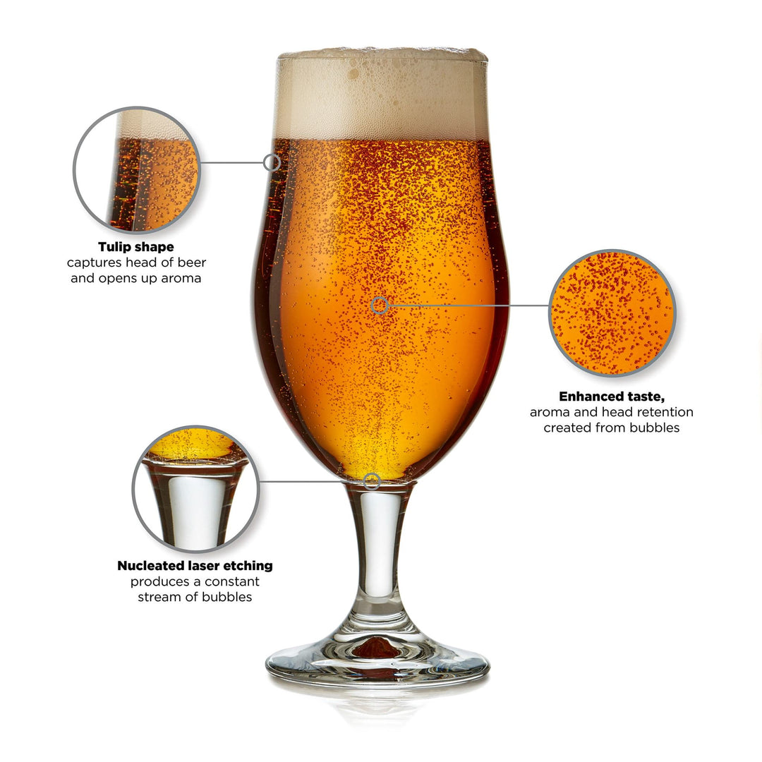Lead-free set includes four 16.5-ounce nucleated Belgian beer glasses (3.75-inch diameter by 7.9-inch height)