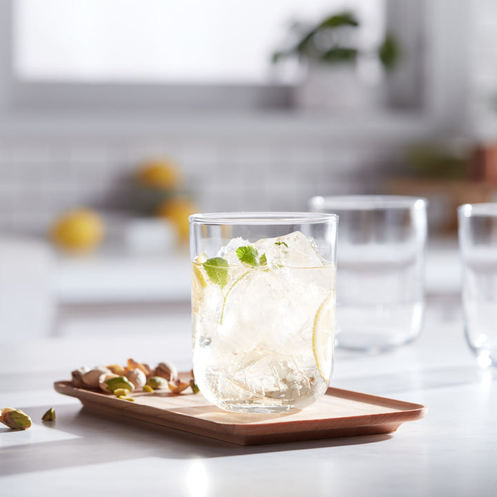 A minimalist take on the popular Polaris glass shape; features straight lines and crystal-clear glass that feels great in hand; base is thoughtfully balanced to prevent tipping