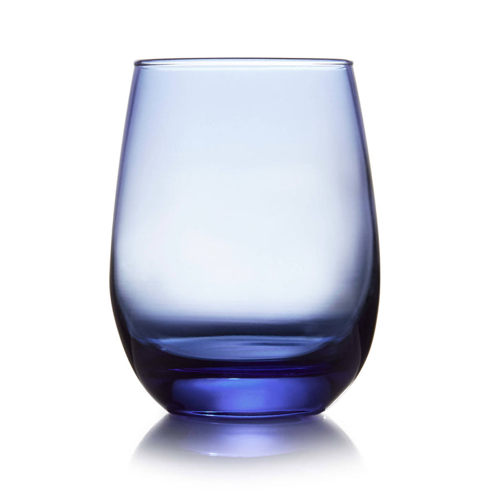 Add color and a higher price point to your wine and water service with these colorful stemless Tidal Blue glasses