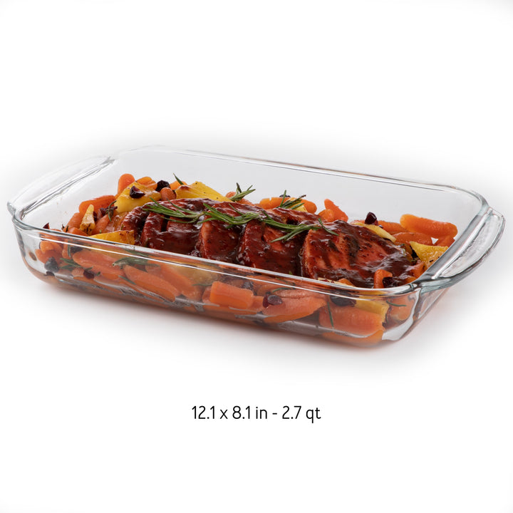 Includes 1, 2-quart glass casserole dish; 1, 2.7-quart glass casserole dish; and 1, 3.4-quart glass casserole dish