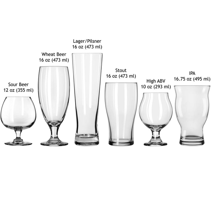 Featuring a set of six premium beer glasses, including one each of the following: a 12-ounce sour beer glass, a 16-ounce wheat beer glass, a 16-ounce lager/pilsner glass, a 16-ounce stout glass, a 10-ounce high-ABV glass, and a 16.75-ounce IPA glass